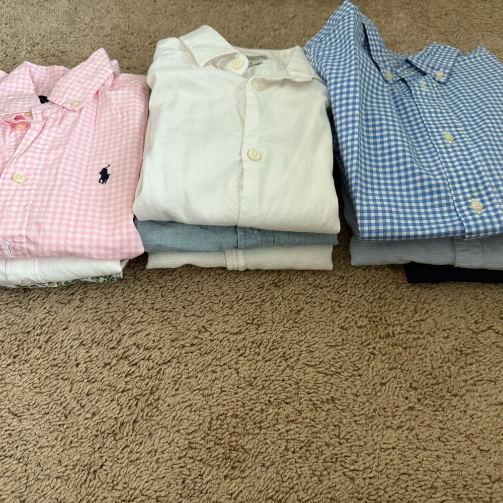 9 Kids' Gingham and Solid Shirts- Pink, White, Blue. Cotton. multiple sizes